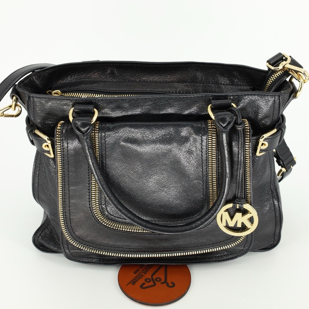 MICHAEL KORS Naomi Large Satchel Black Luxury‎ Leather Zippers Handbag Purse Bag - Picture 5 of 12